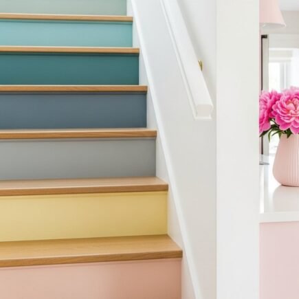 Escalier avec contremarches peintes en bleu jaune et rose pastel style scandinave