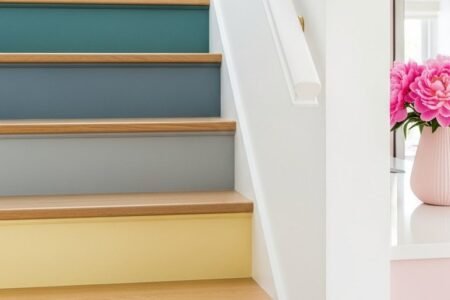 Escalier avec contremarches peintes en bleu jaune et rose pastel style scandinave