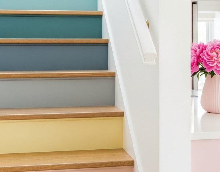 Escalier avec contremarches peintes en bleu jaune et rose pastel style scandinave