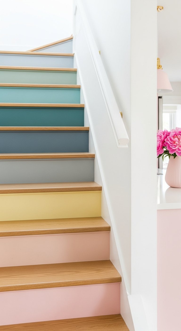 Escalier avec contremarches peintes en bleu jaune et rose pastel style scandinave