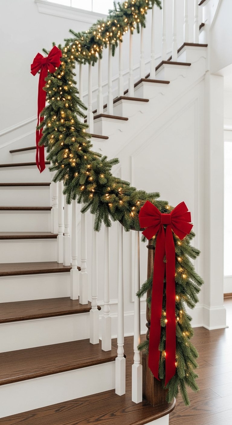 Guirlande de noël simple avec lumières et deux grands nœuds rouges