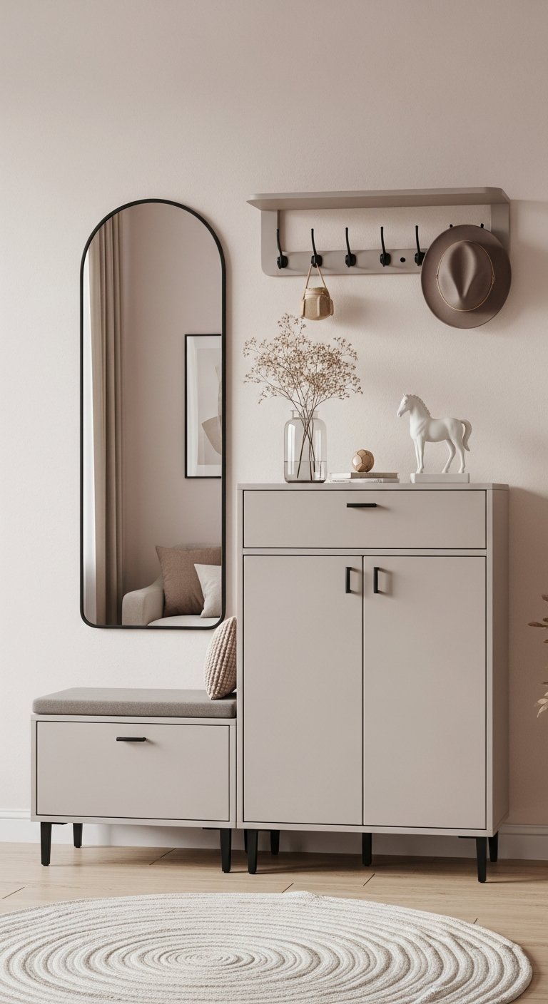 Miroir en arche à côté d un meuble d entrée gris avec banc et portemanteau