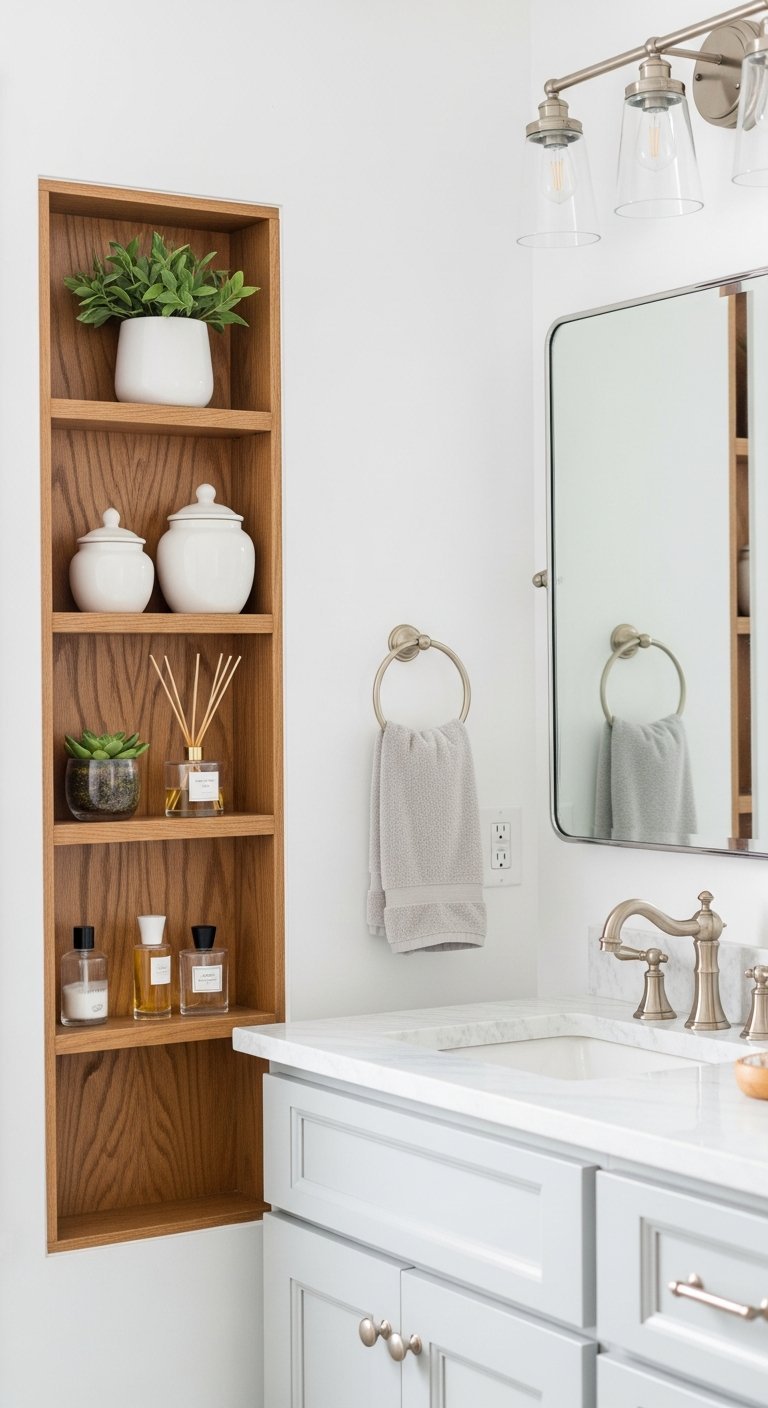 Niche murale verticale en bois avec etageres a cote du miroir