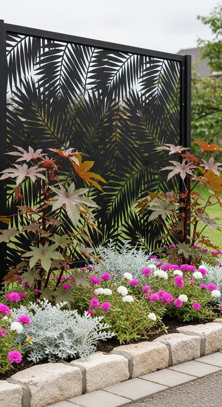 Panneau brise vue en metal noir avec motif feuille de palmier devant des fleurs