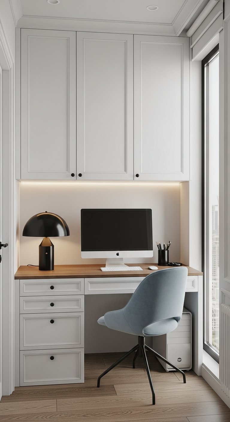Petit bureau de travail à la maison blanc coin fenêtre