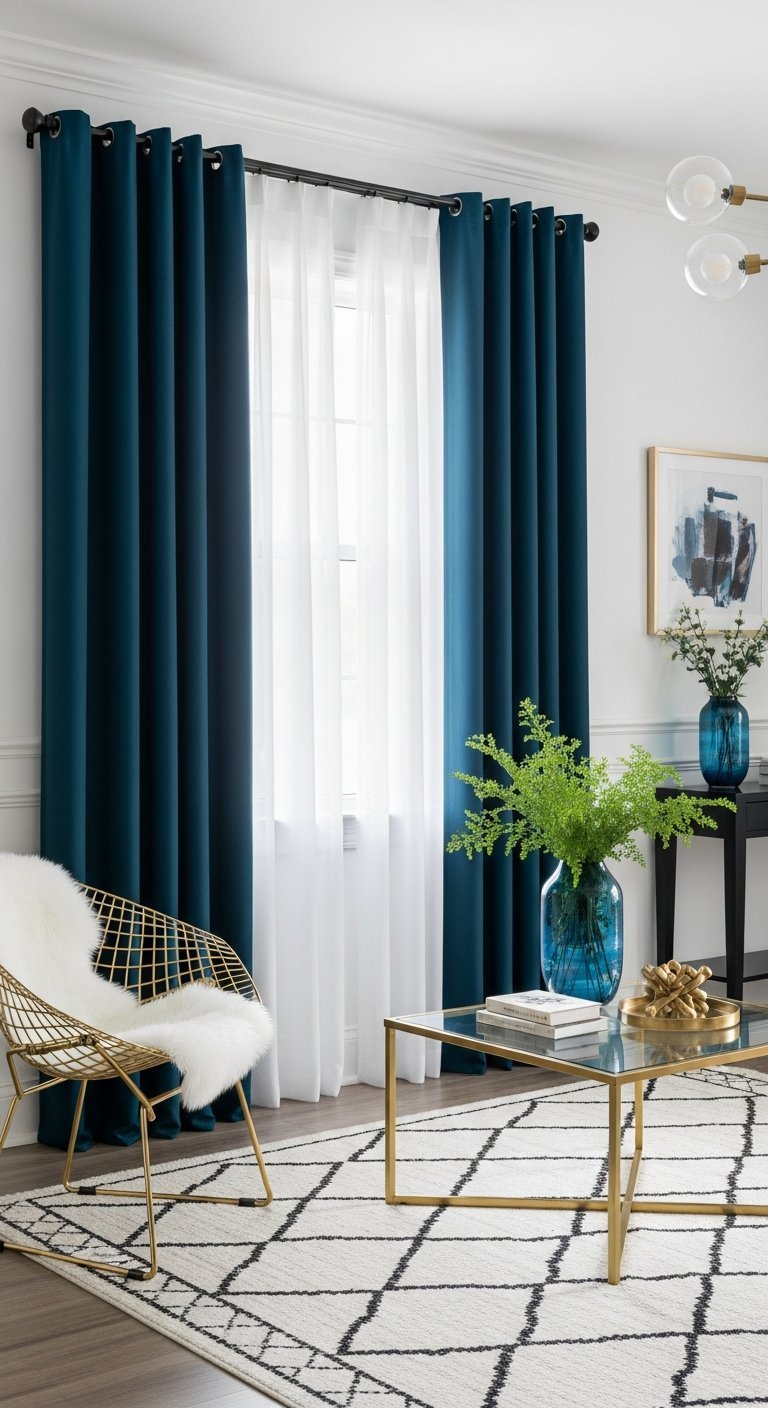 Rideaux de salon en velours bleu canard dans un interieur moderne