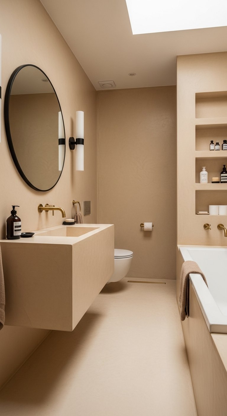 Salle de bain en beton cire beige total look avec vasque integree