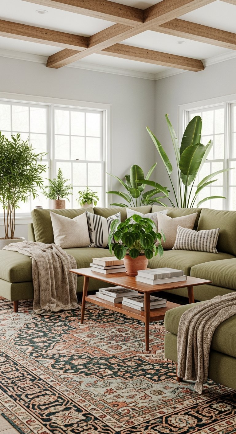 Salon lumineux avec poutres apparentes et grand canape d angle vert olive