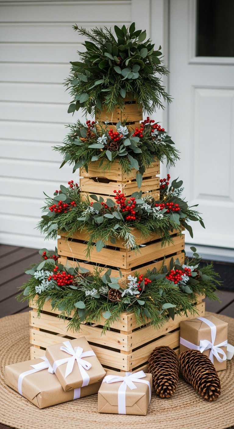 Sapin de Noël alternatif fait de caisses en bois empilées