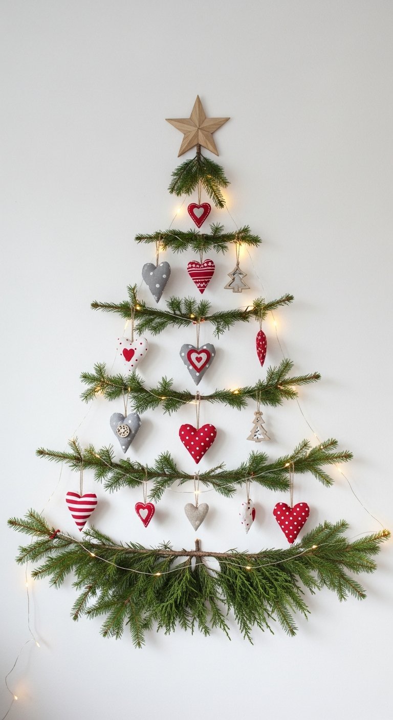 Sapin de Noel mural fait de branches et ornements cœurs en tissu
