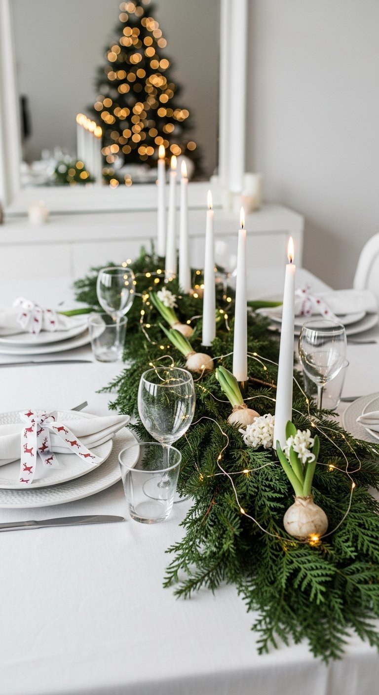 Table de Noel blanche minimaliste with guirlande de cedre et bulbes