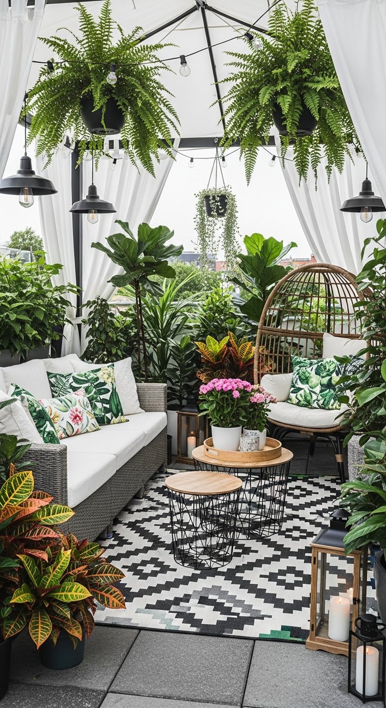 Terrasse style jungle urbaine avec nombreuses plantes vertes et fauteuil suspendu