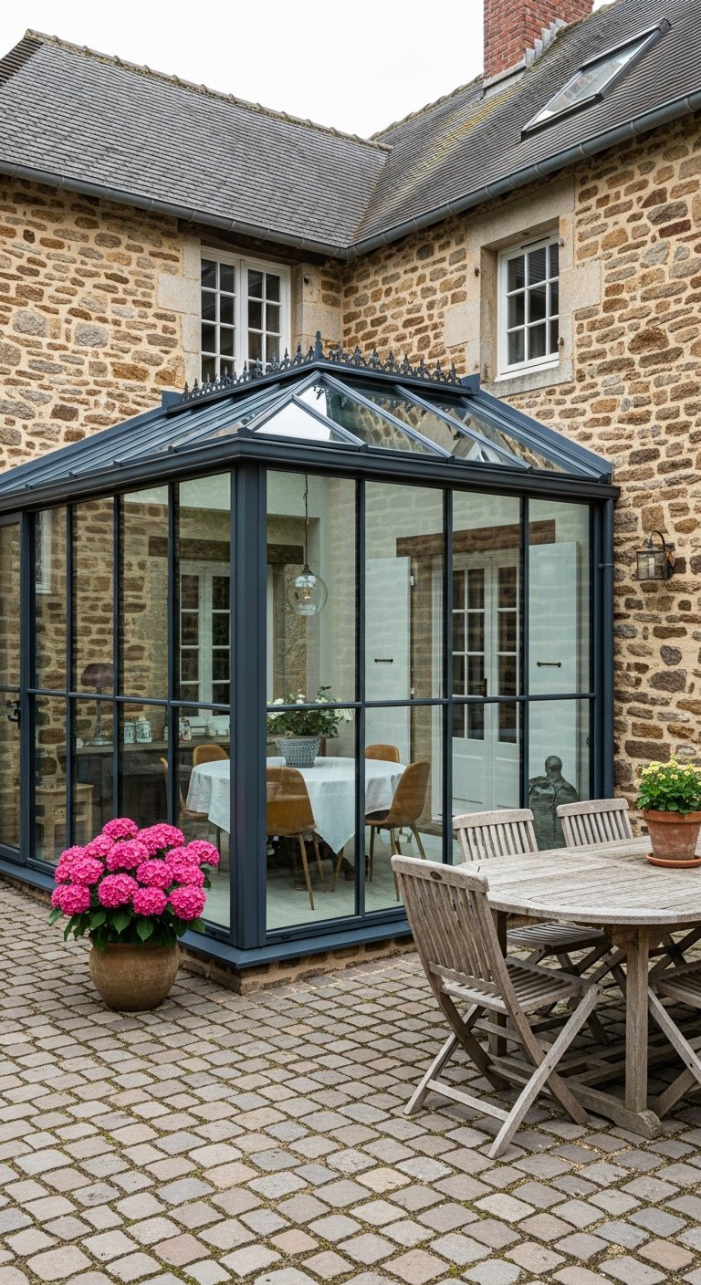 Véranda traditionnelle adossée à une maison en pierre