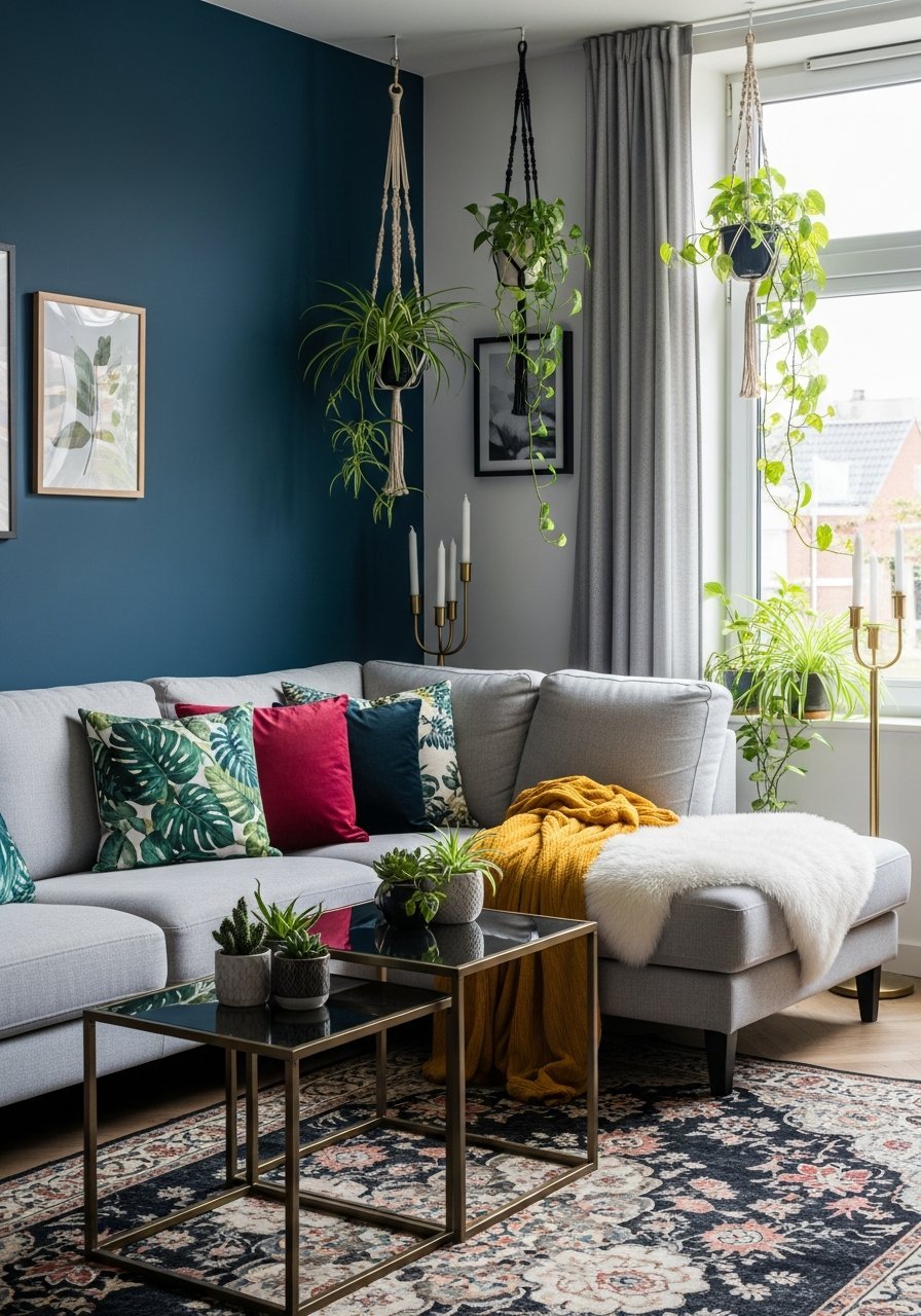 mur bleu canard macrame