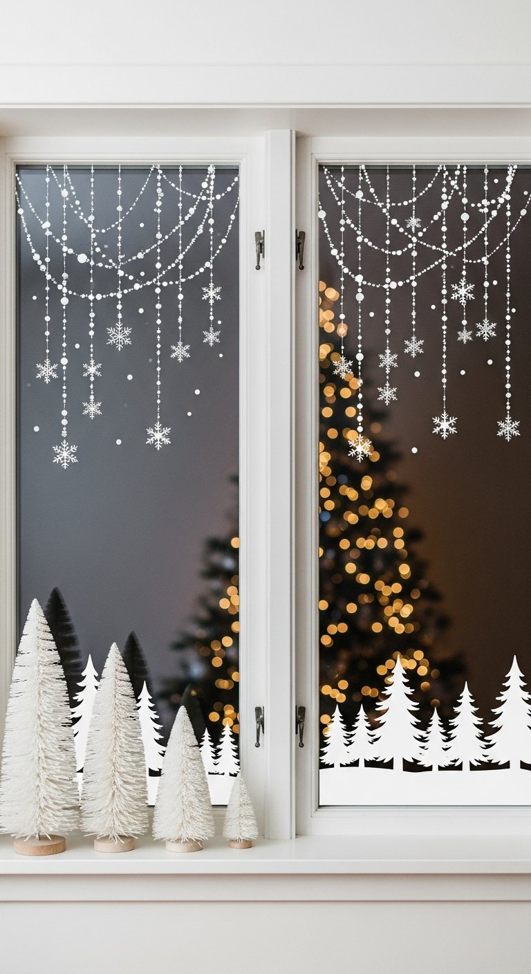 Autocollants de fenêtre blancs avec forêt de sapins et guirlandes de flocons