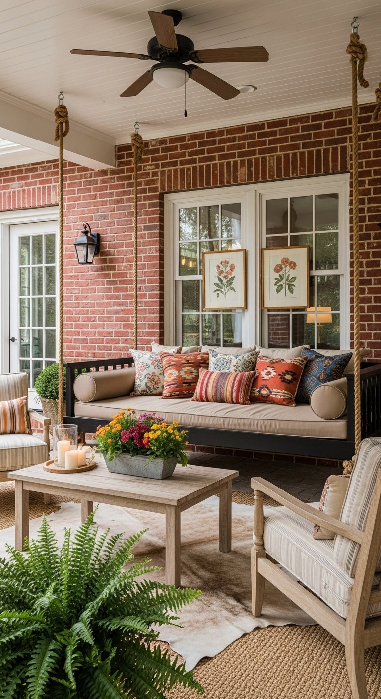Balancelle de porche suspendue devant un mur en briques avec coussins ethniques