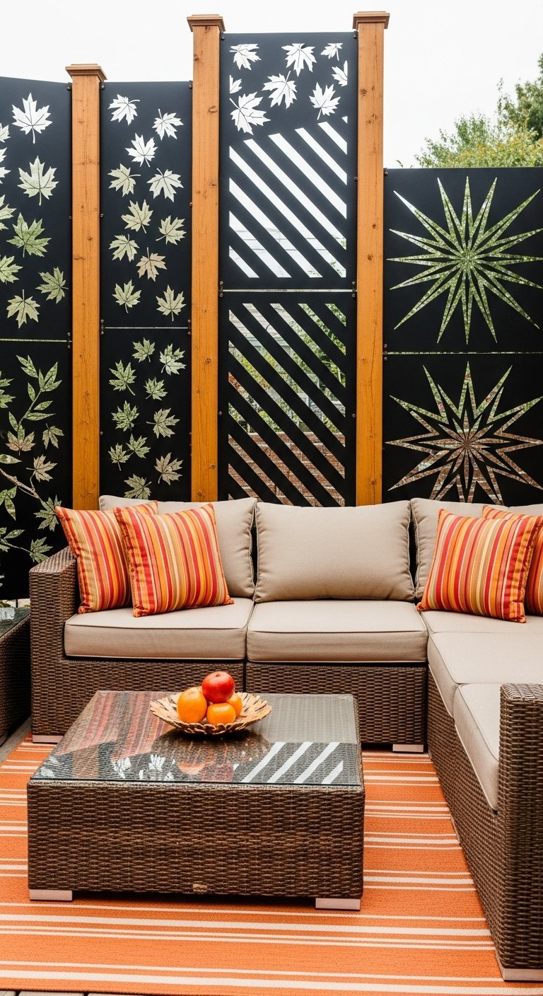 Brise vue terrasse compose de panneaux en metal noir a motifs varies