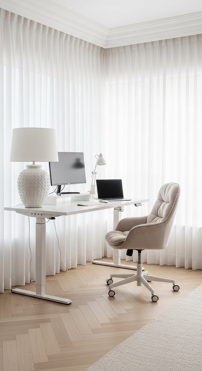 Bureau de travail à la maison blanc debout rideaux voilages