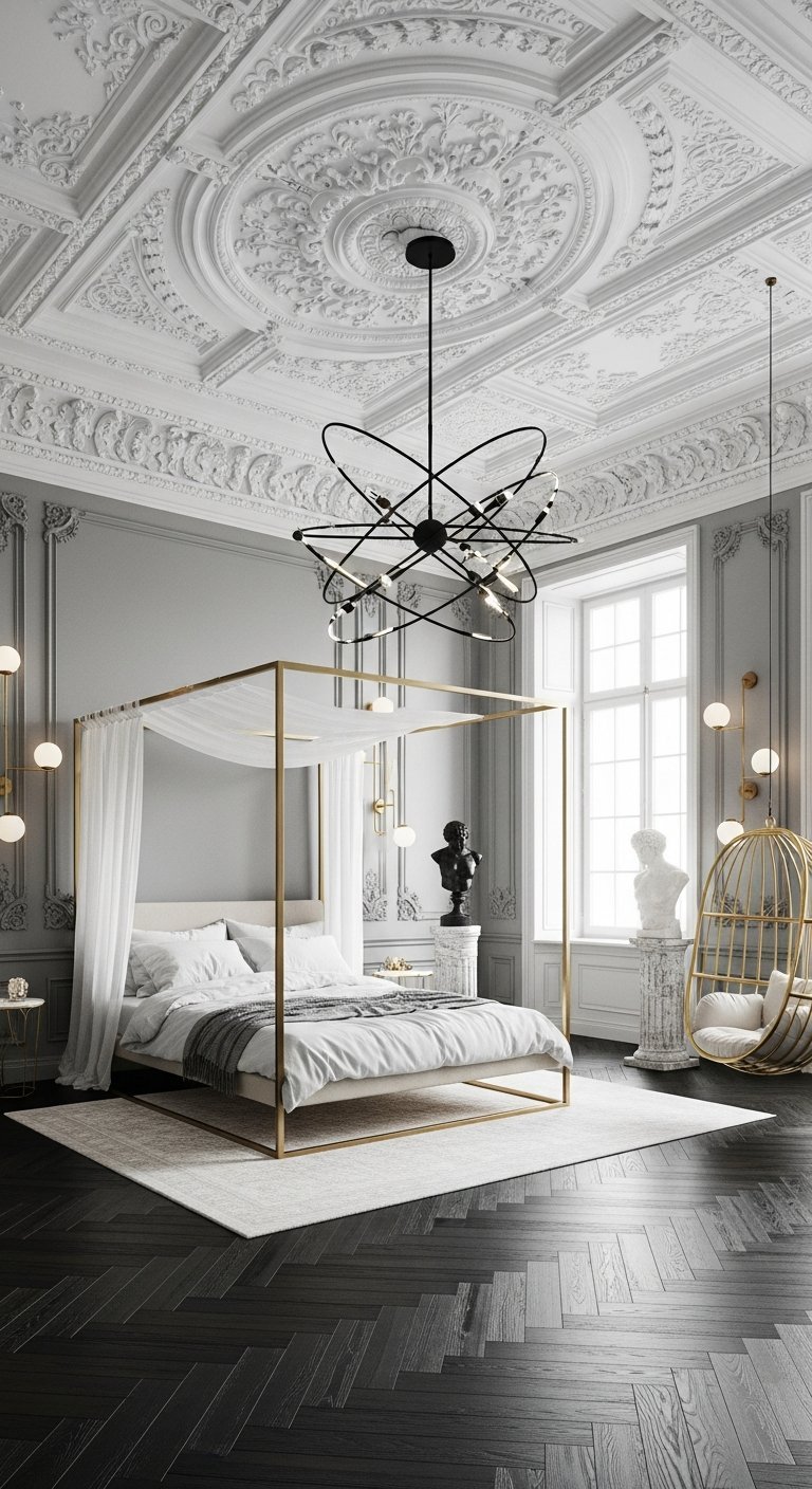 Chambre luxe neoclassique avec haut plafond moulure et lit a baldaquin dore