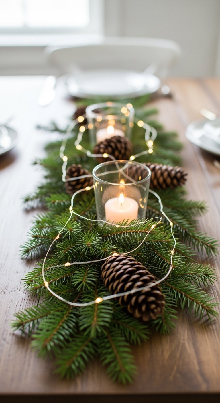 Chemin de table noel naturel simple avec sapin et guirlande lumineuse