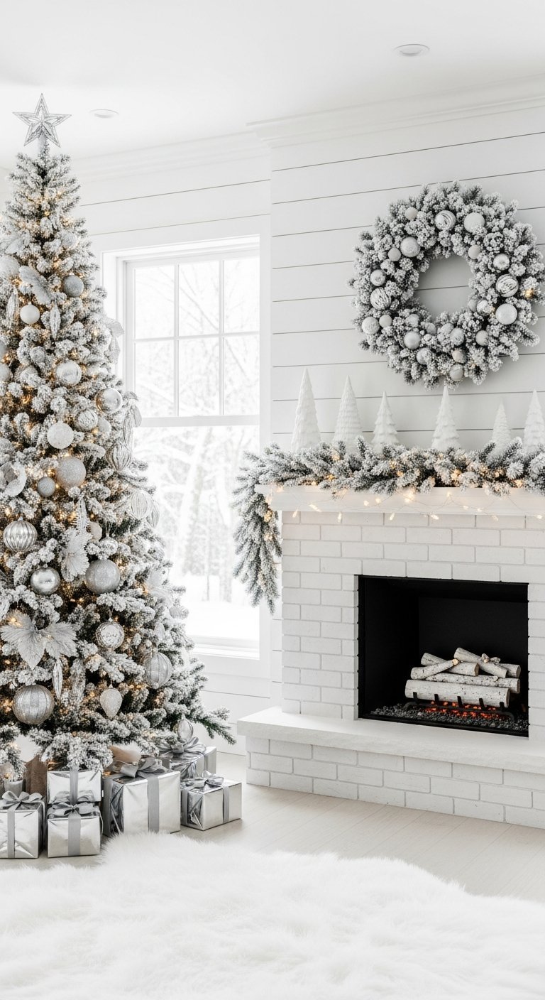 Cheminee en briques blanches avec sapin et guirlande floques