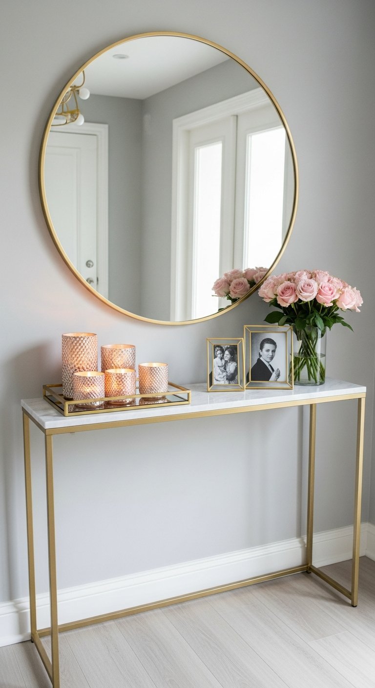 Console fine en metal dore et marbre avec miroir rond et roses