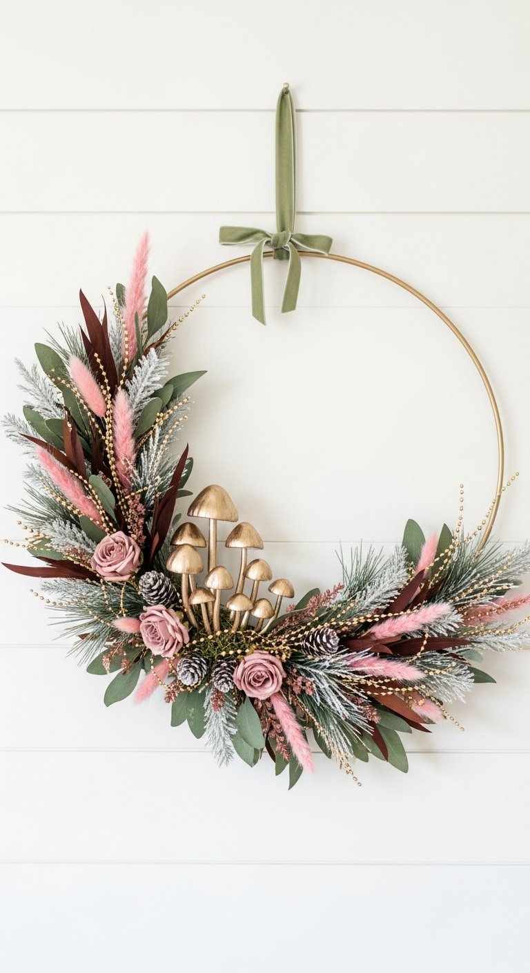 Couronne de Noel moderne sur cerceau dore avec champignons dores et herbes de la pampa roses