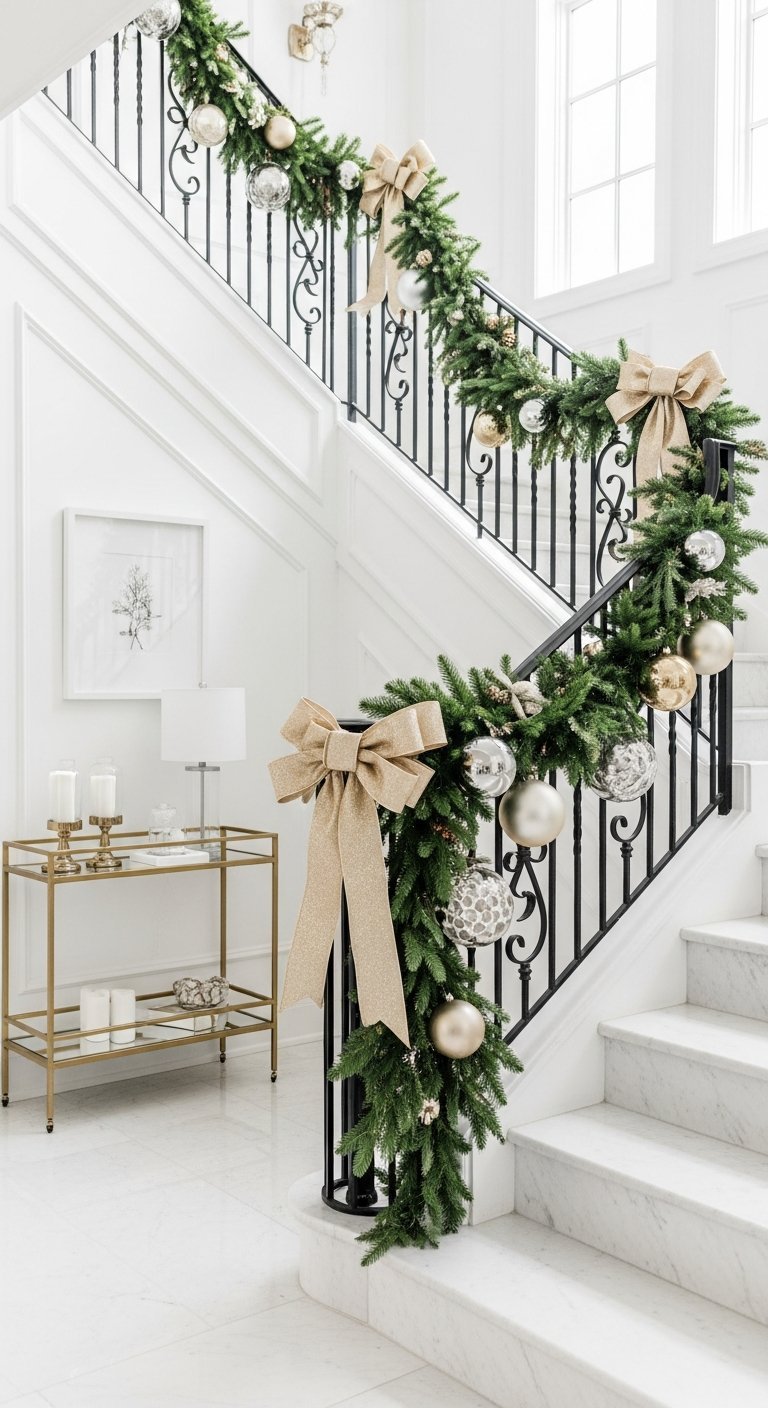 Décoration escalier fer forgé avec guirlande et nœuds couleur champagne