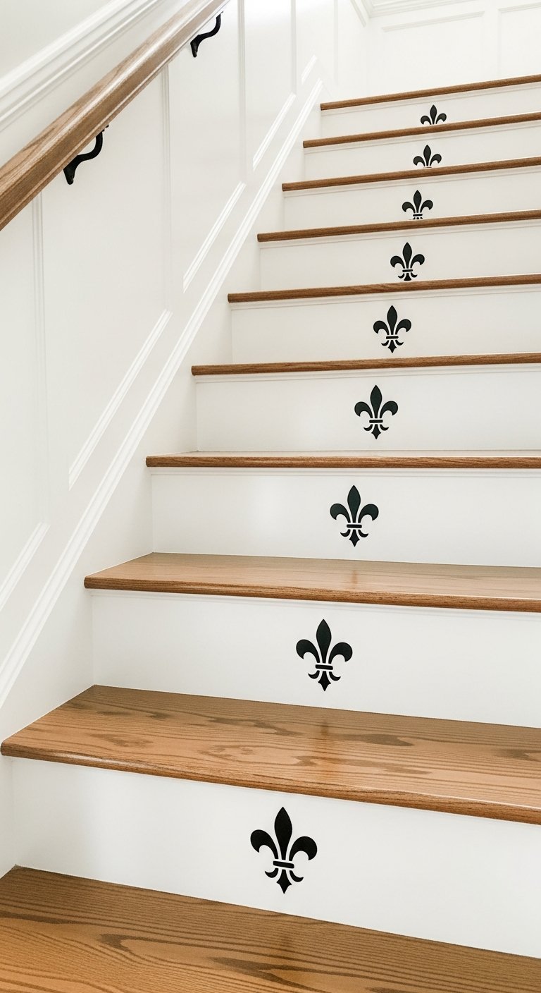 Escalier classique avec motifs fleur de lys noirs peints sur les contremarches blanches