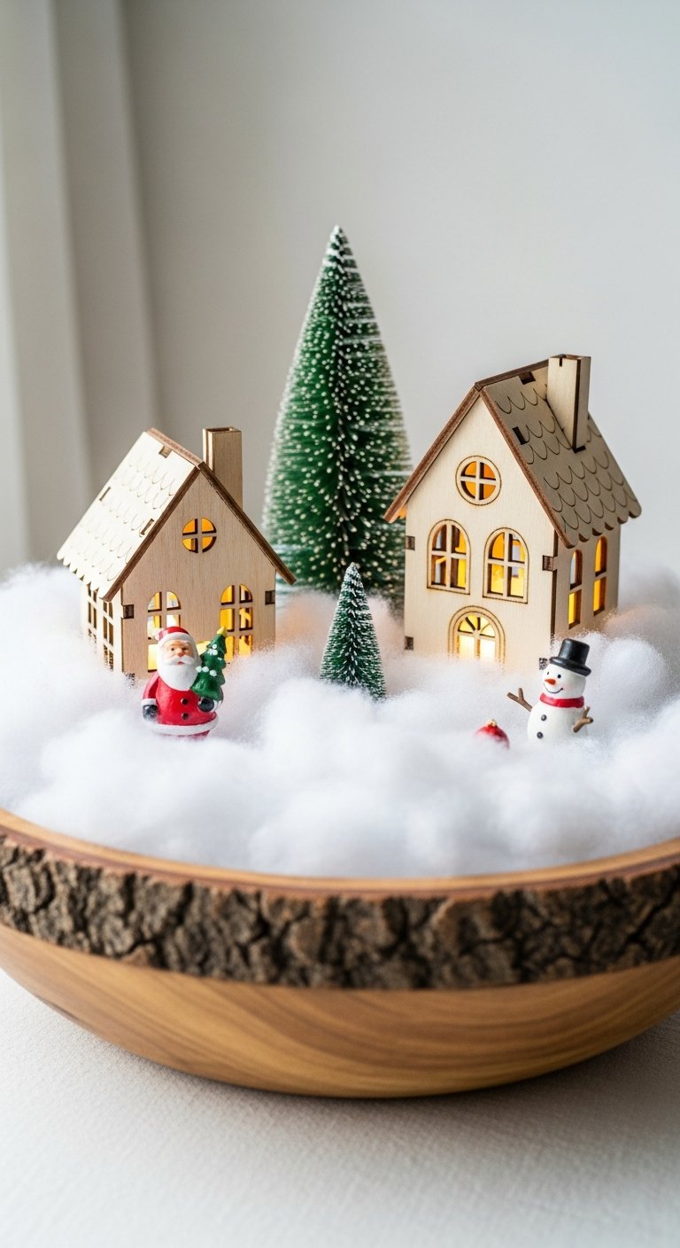 Mini village de noel bricolage dans un bol avec maisons en bois et fausse neige