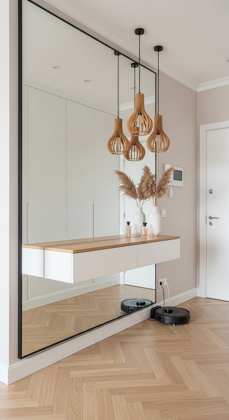 Mur de miroir dans une entrée avec console blanche flottante et parquet