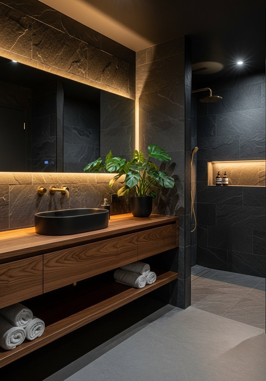 Mur lattes bois fines vasque pierre