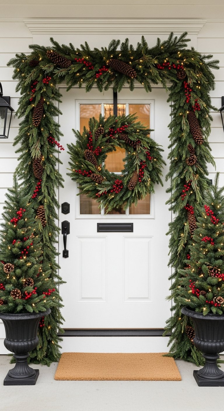 Porte blanche avec guirlande épaisse de sapin et baies