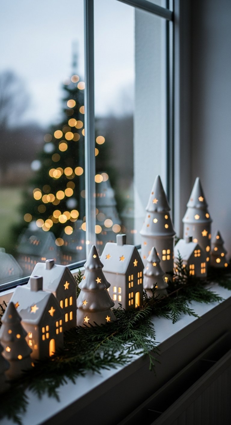 Rebord de fenêtre décoré avec un village de Noel en céramique blanche