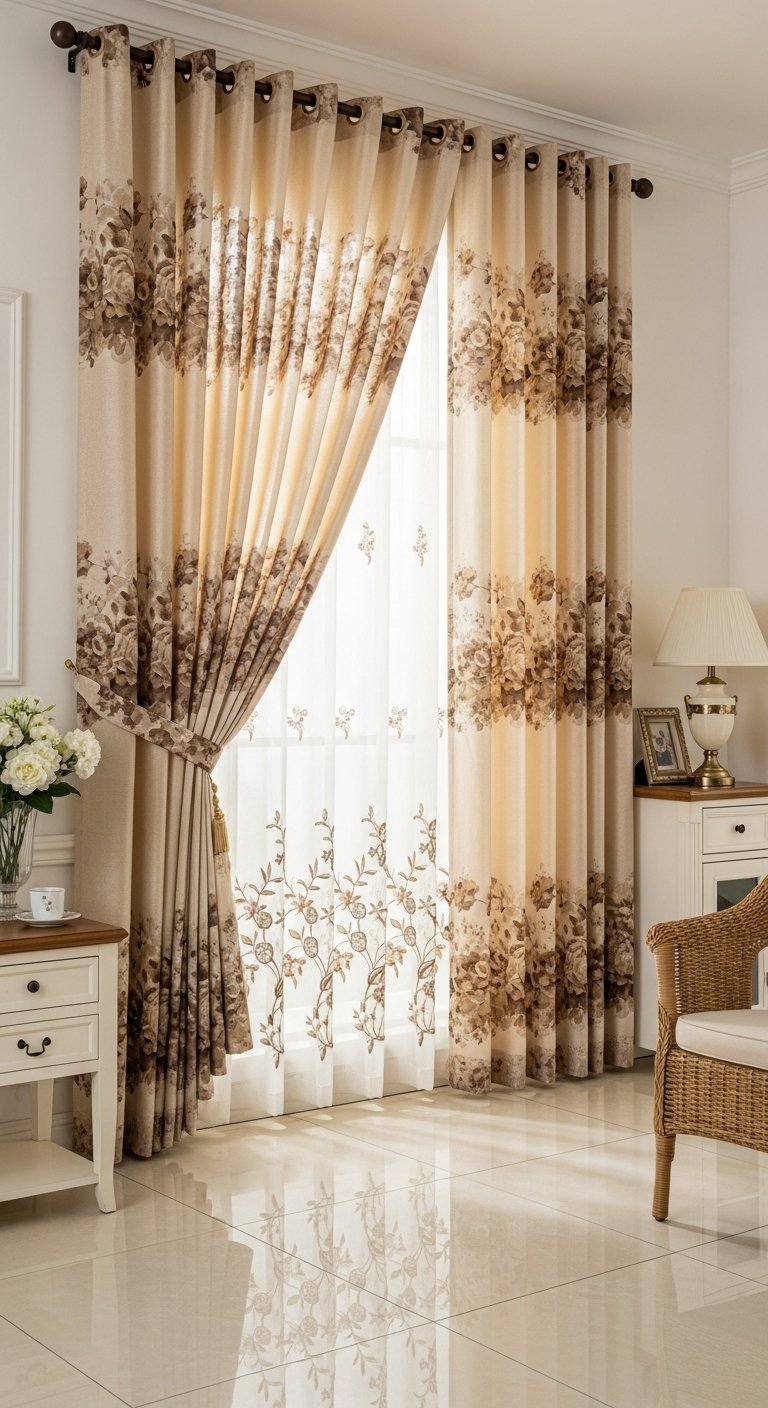 Rideaux de salon beiges avec bandes de motifs floraux bruns