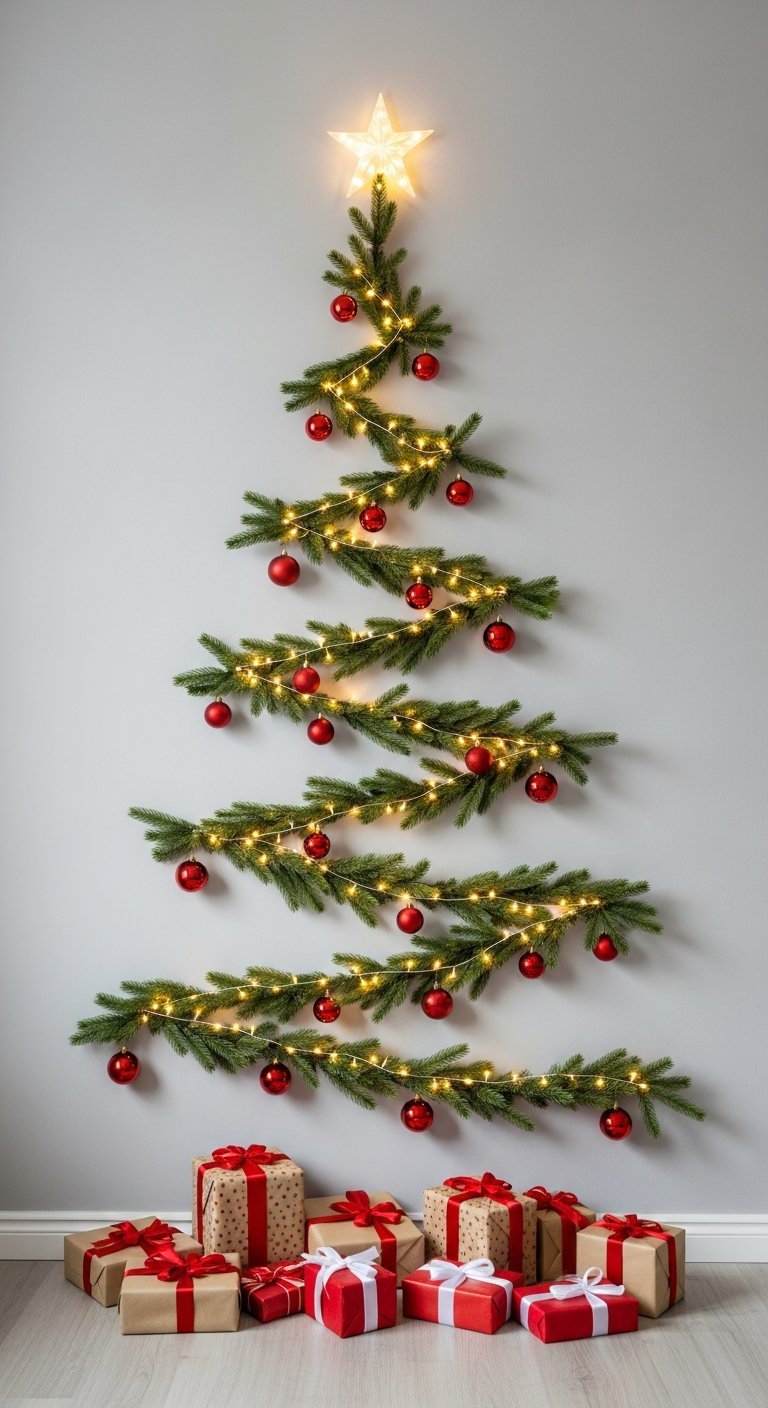 Sapin de Noël mural créatif fait de branches de sapin et de lumières contre un mur gris