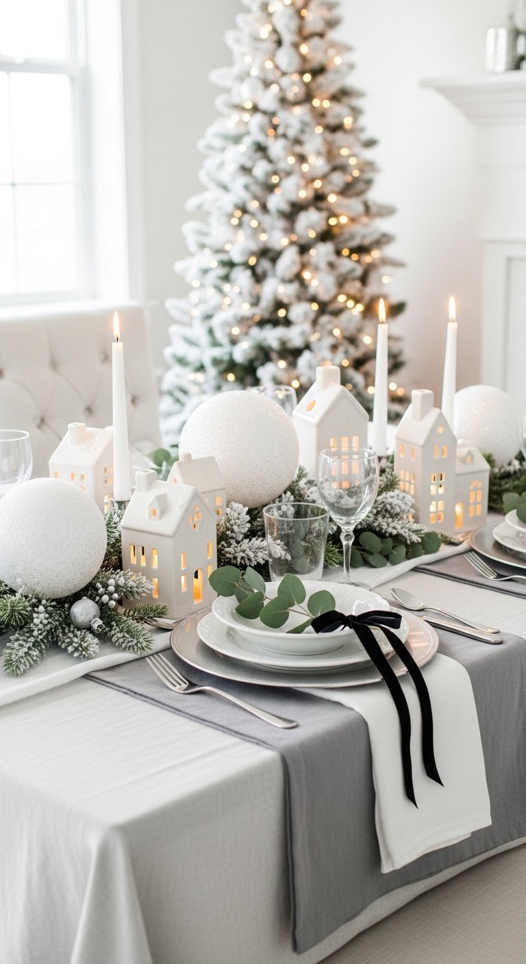 Table de Noel blanche et grise avec village en ceramique illumine