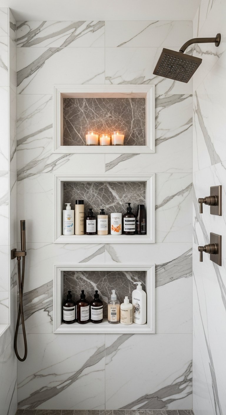 Trois niches de douche horizontales avec fond effet marbre gris
