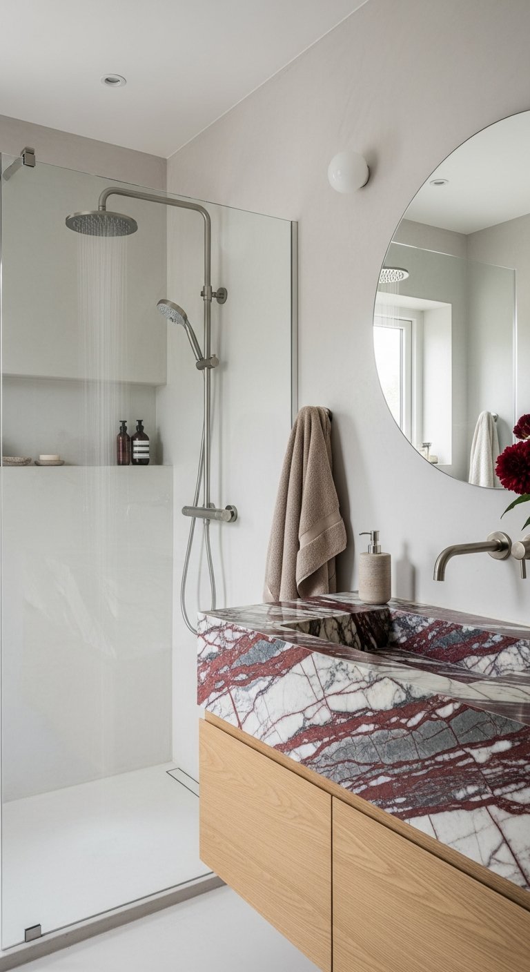 Vasque en marbre rouge spectaculaire et douche en beton cire gris