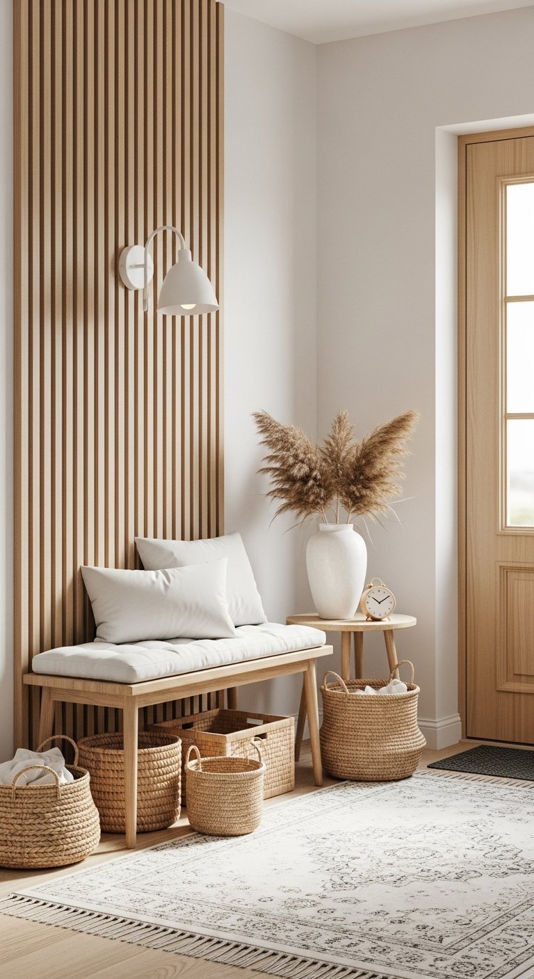 Banc en bois avec coussin blanc et mur en tasseaux de bois