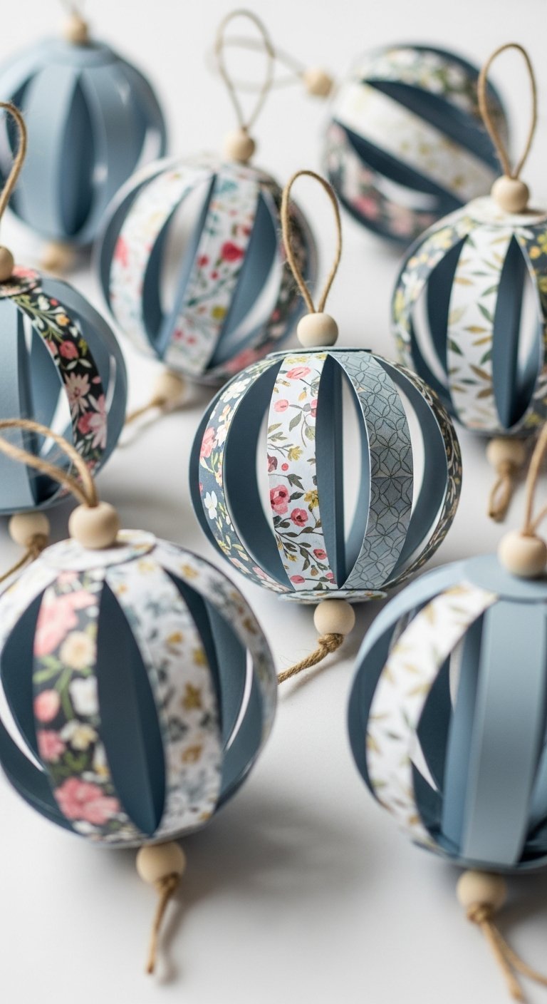 Bricolage de boules de noel en D faites de bandes de papier a motifs