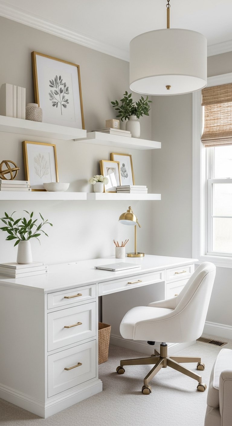 Bureau de travail à la maison blanc détails dorés étagères