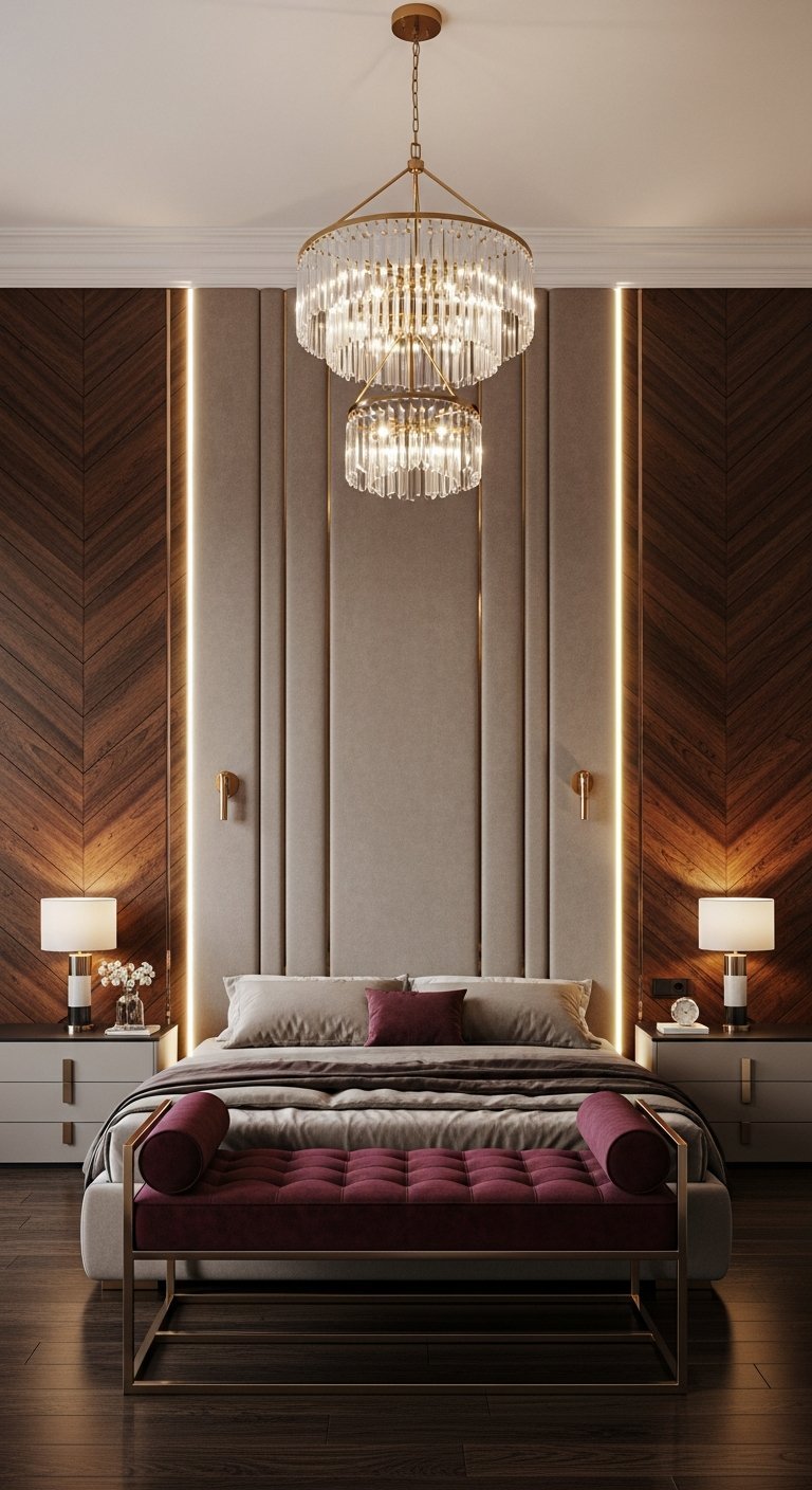 Chambre luxe moderne avec mur en bois et tissu et lustre en cristal
