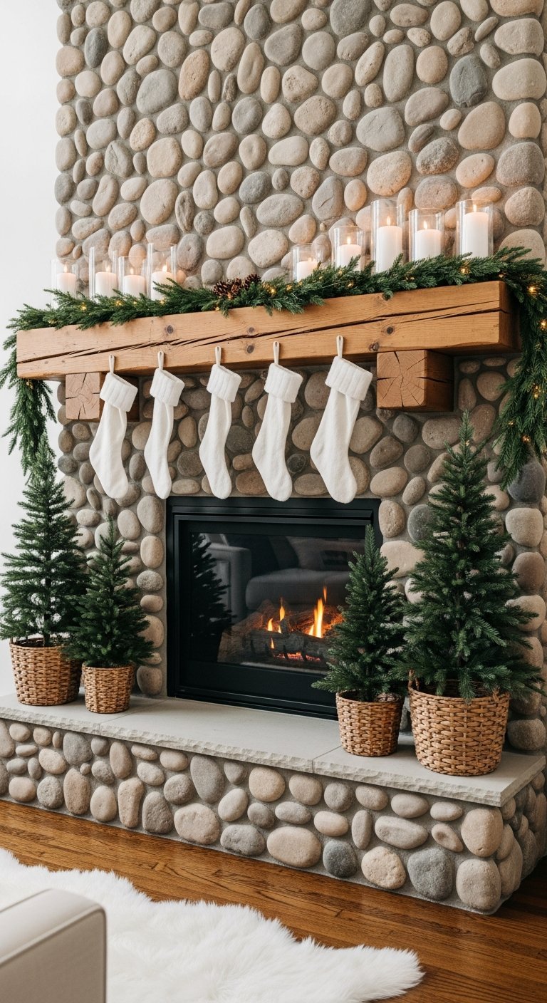 Cheminee en pierres avec poutre en bois et chaussettes blanches