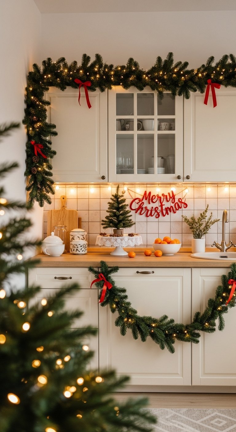 Coin cuisine confortable décoré pour Noël avec des guirlandes et une bannière Merry Christmas