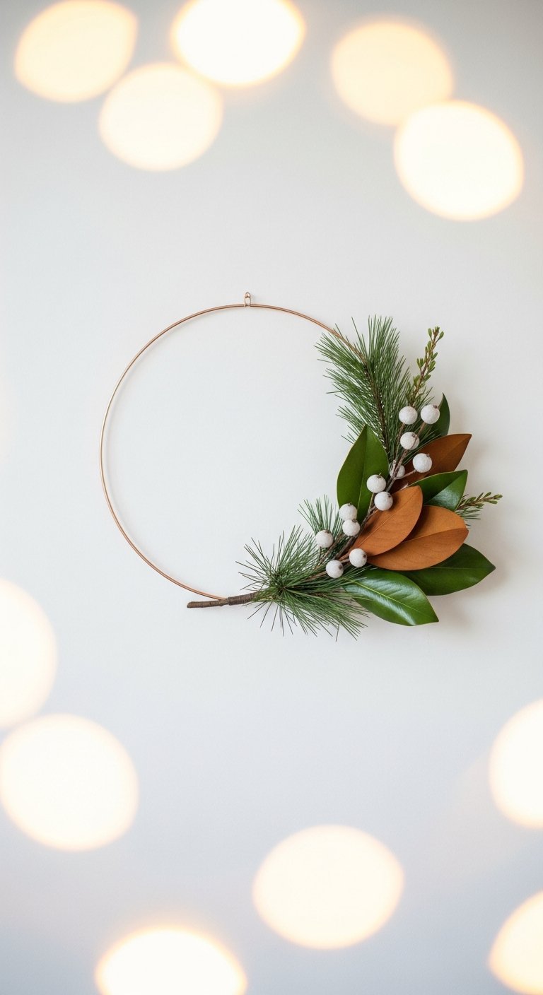 Couronne de Noel moderne et minimaliste sur cerceau cuivre avec feuilles de magnolia