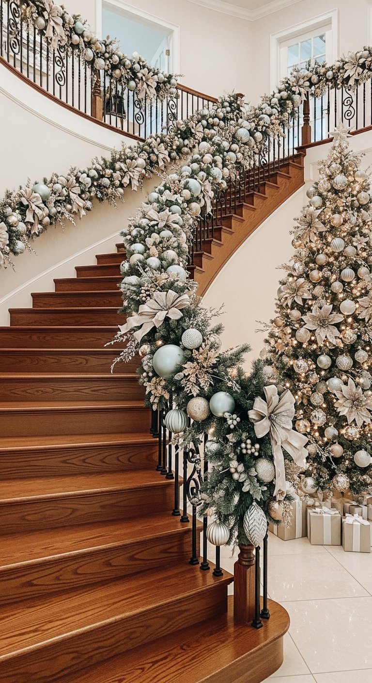 Décoration escalier noël majestueux avec guirlande bleu glacier et argent