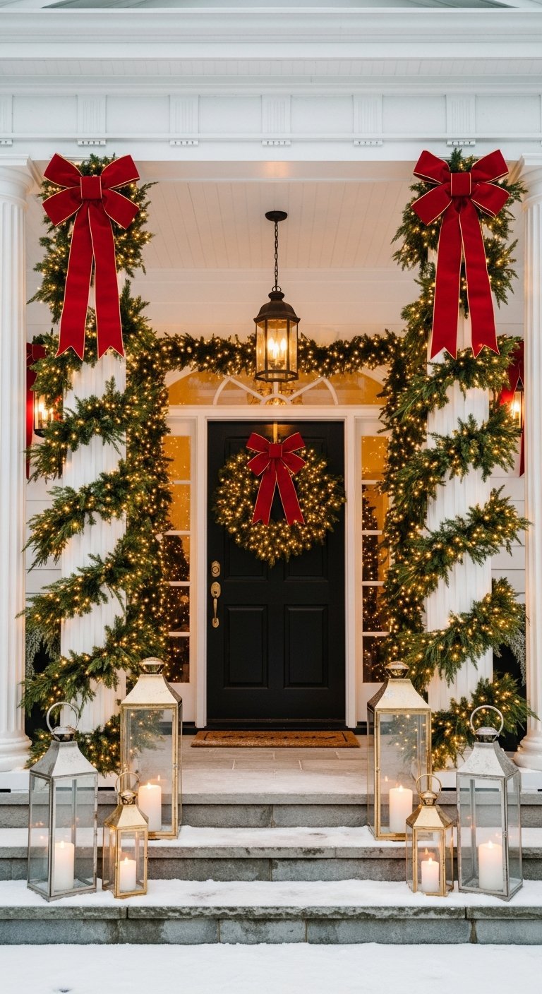 Entrée de maison décorée pour Noel avec guirlandes et nœuds rouges