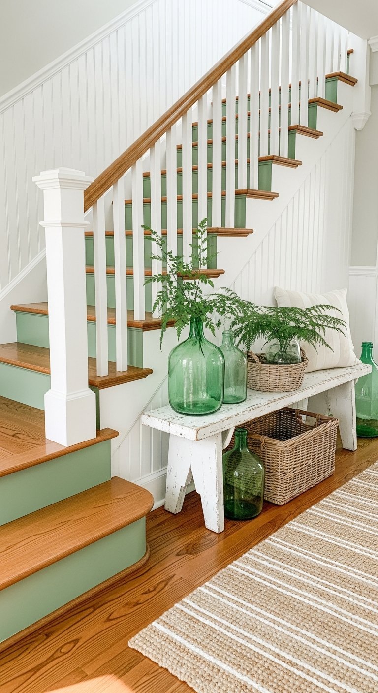 Escalier style campagne avec contremarches vertes et décoration de vases en verre vert