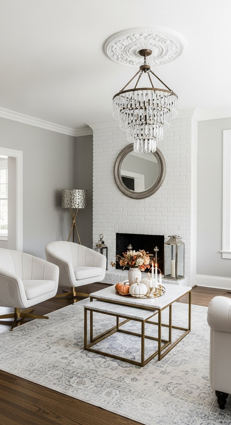 Fauteuils blancs pieds dorés devant cheminée briques